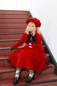 Rating: Safe Score: 0 Tags: 1girl blonde_hair bow dress hat long_hair long_sleeves mary_janes red_dress shinku shoes sitting solo User: admin