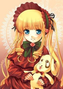 Rating: Safe Score: 0 Tags: 1girl blonde_hair blue_eyes blush bonnet bow bowtie dress drill_hair flower green_bow image long_hair long_sleeves looking_at_viewer rose shinku solo twintails User: admin