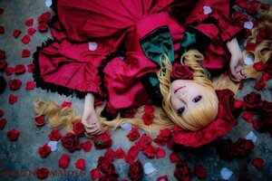 Rating: Safe Score: 0 Tags: 1girl blonde_hair blue_eyes dress drill_hair flower long_hair lying petals pink_rose red_dress red_flower red_rose rose rose_petals shinku solo User: admin