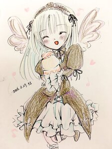 Rating: Safe Score: 0 Tags: 1girl blush closed_eyes dress frills hairband heart image long_hair long_sleeves open_mouth ribbon smile solo suigintou traditional_media wings User: admin