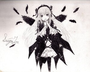 Rating: Safe Score: 0 Tags: 1girl bird blush feathers greyscale hairband image long_hair long_sleeves looking_at_viewer monochrome ribbon solo suigintou traditional_media wings User: admin