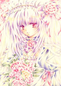 Rating: Safe Score: 0 Tags: 1girl bangs bouquet closed_mouth dress eyebrows_visible_through_hair flower image long_hair looking_at_viewer ribbon rose solo suigintou traditional_media two_side_up upper_body User: admin