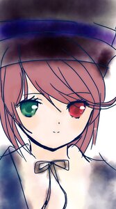 Rating: Safe Score: 0 Tags: 1girl auto_tagged bangs brown_hair closed_mouth eyebrows_visible_through_hair green_eyes hariruri hat heterochromia image looking_at_viewer portrait red_eyes ribbon short_hair smile solo souseiseki User: admin
