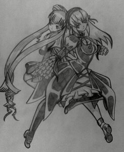 Rating: Safe Score: 0 Tags: 2girls back-to-back boots dress drill_hair full_body greyscale image long_hair long_sleeves monochrome multiple_girls pair photo shinku standing suigintou traditional_media very_long_hair User: admin