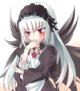 Rating: Safe Score: 0 Tags: 1girl black_dress black_ribbon black_wings covering_mouth dress flower frills hairband image juliet_sleeves long_hair long_sleeves puffy_sleeves red_eyes red_flower red_rose ribbon rose silver_hair solo suigintou very_long_hair white_background wings User: admin