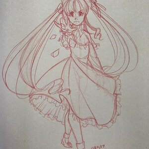 Rating: Safe Score: 0 Tags: 1girl dress frills full_body image long_hair looking_at_viewer monochrome shinku sketch solo traditional_media very_long_hair User: admin