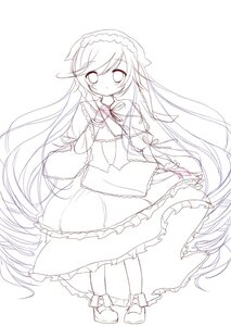 Rating: Safe Score: 0 Tags: 1girl dress frills full_body greyscale hairband image long_hair long_sleeves looking_at_viewer monochrome ribbon solo striped suiseiseki vertical_stripes very_long_hair User: admin