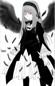 Rating: Safe Score: 0 Tags: 1girl bangs black_wings closed_mouth dress expressionless feathered_wings feathers flower frilled_sleeves frills hairband image long_hair long_sleeves looking_at_viewer pink_eyes rose simple_background solo suigintou white_background wings User: admin