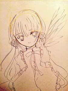 Rating: Safe Score: 0 Tags: 1girl detached_sleeves eyebrows_visible_through_hair image long_hair looking_at_viewer monochrome photo solo suigintou traditional_media upper_body wings User: admin