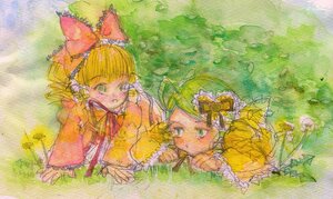 Rating: Safe Score: 0 Tags: 2girls blonde_hair bow dress hair_bow hat hina_ichigo hinaichigo image kanaria multiple_girls pair short_hair traditional_media watercolor_(medium) User: admin