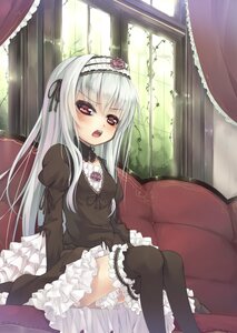 Rating: Safe Score: 0 Tags: 1girl asa_(swallowtail) bangs black_dress black_legwear blush commentary_request curtains dress eyebrows_visible_through_hair flower frilled_legwear frills from_below gothic_lolita hairband highres image juliet_sleeves lolita_fashion lolita_hairband long_hair long_sleeves looking_at_viewer open_mouth photoshop_(medium) puffy_sleeves purple_eyes red_eyes ribbon rozen_maiden silver_hair sitting solo suigintou thighhighs window User: admin
