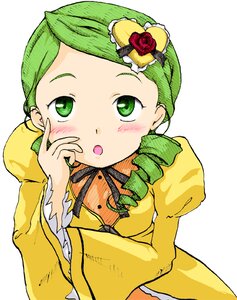 Rating: Safe Score: 0 Tags: 1girl :o blush dress drill_hair flower green_eyes green_hair hair_ornament heart_hair_ornament image juliet_sleeves kanaria long_sleeves puffy_sleeves ribbon rose simple_background solo upper_body white_background User: admin