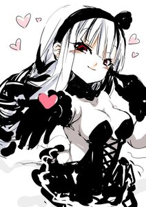 Rating: Safe Score: 3 Tags: 1girl bangs bare_shoulders black_gloves breasts cleavage dress elbow_gloves gloves heart heart_background image long_hair looking_at_viewer red_eyes smile solo spoken_heart striped suigintou white_hair User: admin