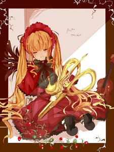 Rating: Safe Score: 0 Tags: 1girl blonde_hair blush bow closed_eyes dress food fruit image long_hair shinku sitting solo tears twintails User: admin