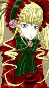Rating: Safe Score: 0 Tags: 1girl blonde_hair blue_eyes bonnet bow bowtie dress flower green_bow green_neckwear image long_hair long_sleeves looking_at_viewer pink_flower pink_rose rose shinku sidelocks simple_background solo twintails yellow_background User: admin