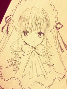 Rating: Safe Score: 0 Tags: 1girl bangs closed_mouth dress expressionless eyebrows_visible_through_hair frills hat image long_hair looking_at_viewer monochrome shinku sketch solo traditional_media User: admin