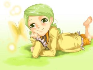 Rating: Safe Score: 0 Tags: 1girl barefoot blush feet full_body grass green_eyes green_hair image kanaria long_sleeves looking_at_viewer lying on_stomach smile solo User: admin