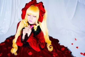 Rating: Safe Score: 0 Tags: 1girl bangs blonde_hair bonnet bow closed_eyes curtains dress flower hands_clasped lips long_hair long_sleeves own_hands_together petals red_dress rose shinku solo very_long_hair User: admin