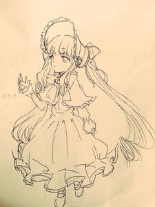 Rating: Safe Score: 0 Tags: 1girl bangs blush bow brown_background capelet closed_mouth dress eyebrows_visible_through_hair frills full_body hand_up image long_hair long_sleeves looking_at_viewer monochrome shinku shoes solo standing traditional_media very_long_hair User: admin