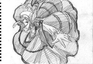 Rating: Safe Score: 0 Tags: 1girl dress frills greyscale hat image long_hair long_sleeves monochrome outstretched_arm sketch solo suiseiseki wide_sleeves User: admin