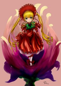 Rating: Safe Score: 0 Tags: 1girl blonde_hair bonnet bow dress frills full_body green_eyes image long_hair long_sleeves looking_at_viewer red_dress ribbon shinku solo standing twintails User: admin