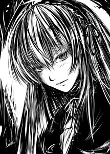 Rating: Safe Score: 0 Tags: 1girl dress greyscale hairband image lolita_hairband long_hair looking_at_viewer monochrome signature simple_background solo suigintou upper_body white_background User: admin
