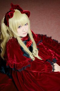 Rating: Safe Score: 0 Tags: 1girl bangs blonde_hair blue_eyes bow capelet dress flower lips long_hair looking_at_viewer red_capelet red_dress rose shinku solo v_arms User: admin