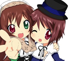 Rating: Safe Score: 0 Tags: 2girls blush brown_hair dress frills green_eyes hat heterochromia image lolita_fashion long_sleeves multiple_girls one_eye_closed open_mouth outstretched_arm pair red_eyes ribbon short_hair siblings sisters smile souseiseki suiseiseki top_hat twins User: admin