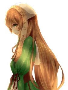 Rating: Safe Score: 0 Tags: 1girl arms_behind_back bangs closed_mouth dress from_side green_dress green_eyes image long_hair long_sleeves looking_at_viewer ribbon simple_background solo striped suiseiseki tears very_long_hair white_background User: admin