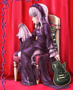 Rating: Safe Score: 0 Tags: 1girl black_dress chair collarbone detached_collar doll dress expressionless flower frills guitar hairband image instrument lolita_hairband long_hair long_sleeves pink_eyes pokomi rose rozen_maiden silver_hair sitting solo suigintou throne very_long_hair wings User: admin