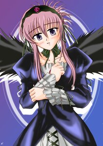 Rating: Safe Score: 0 Tags: 1girl black_wings blush dress flower frills hairband image juliet_sleeves long_hair long_sleeves looking_at_viewer pink_hair puffy_sleeves ribbon solo suigintou wings User: admin