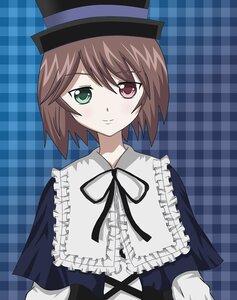 Rating: Safe Score: 0 Tags: 1girl argyle argyle_background blush brown_hair checkered checkered_background checkered_floor frills green_eyes hat heterochromia image long_sleeves looking_at_viewer plaid plaid_background plaid_dress ribbon short_hair solo souseiseki top_hat upper_body User: admin