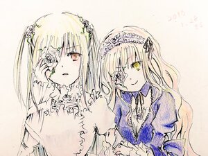Rating: Safe Score: 0 Tags: 2girls costume_switch dress eyepatch flower image long_hair long_sleeves looking_at_viewer multiple_girls rose smile suigintou traditional_media upper_body yellow_eyes User: admin
