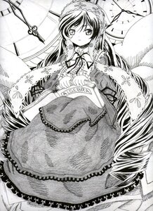 Rating: Safe Score: 0 Tags: 1girl auto_tagged bonnet dress frills greyscale image long_hair long_sleeves looking_at_viewer monochrome ribbon solo suiseiseki traditional_media very_long_hair wide_sleeves User: admin
