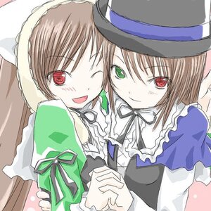 Rating: Safe Score: 0 Tags: 2girls blue_dress brown_hair dress green_dress green_eyes hat head_scarf holding holding_hands image long_hair long_sleeves multiple_girls one_eye_closed open_mouth pair red_eyes ribbon short_hair siblings sisters smile souseiseki suiseiseki top_hat twins User: admin