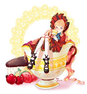 Rating: Safe Score: 0 Tags: 1girl bangs black_footwear blonde_hair blue_eyes blush bonnet bow cup dress drill_hair food fruit image kneehighs long_hair long_sleeves looking_at_viewer red_dress shinku shoes sitting solo strawberry very_long_hair white_legwear User: admin