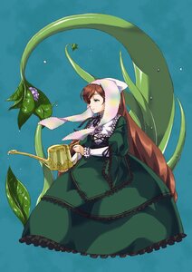 Rating: Safe Score: 0 Tags: 1girl blue_background brown_hair dress flower green_dress green_eyes holding image long_hair long_sleeves plant solo suiseiseki very_long_hair watering_can User: admin