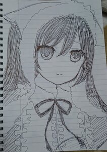 Rating: Safe Score: 0 Tags: 1girl blush eyebrows_visible_through_hair frills graphite_(medium) greyscale hair_between_eyes image long_hair looking_at_viewer monochrome neck_ribbon photo smile solo suiseiseki traditional_media umbrella upper_body User: admin