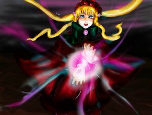 Rating: Safe Score: 0 Tags: 1girl blonde_hair blue_eyes blush dress hat image long_hair long_sleeves open_mouth red_dress rose shinku solo twintails very_long_hair User: admin