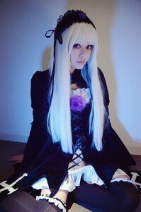 Rating: Safe Score: 0 Tags: 1girl bangs black_legwear dress flower frills garter_straps gothic_lolita hairband lace lips lolita_fashion long_hair long_sleeves looking_at_viewer purple_eyes realistic rose sitting solo suigintou thighhighs User: admin