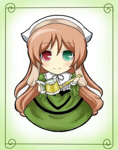 Rating: Safe Score: 0 Tags: 1girl artist_name brown_hair chibi cup dress food green_dress green_eyes hat head_scarf heterochromia image long_hair looking_at_viewer red_eyes signature smile solo suiseiseki traditional_media very_long_hair watering_can User: admin