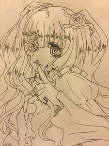 Rating: Safe Score: 0 Tags: 1girl flower frills hair_flower hair_ornament image kirakishou long_hair monochrome rose smile solo traditional_media User: admin