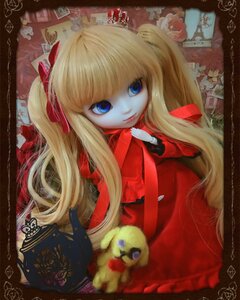 Rating: Safe Score: 0 Tags: 1girl bangs blonde_hair blue_eyes border doll dress flower lolita_fashion long_hair looking_at_viewer red_dress shinku sitting solo stuffed_animal twintails very_long_hair User: admin