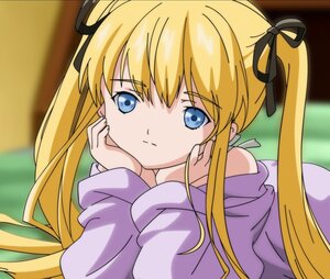 Rating: Safe Score: 0 Tags: 1girl bangs bare_shoulders black_ribbon blonde_hair blue_eyes blurry blurry_background chin_rest closed_mouth depth_of_field eyebrows_visible_through_hair hair_ribbon image indoors long_hair looking_at_viewer off_shoulder ribbon shinku sidelocks solo sweater twintails User: admin