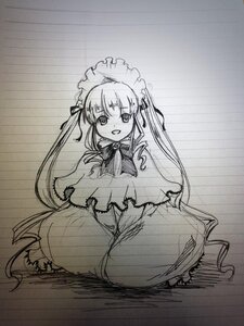 Rating: Safe Score: 0 Tags: 1girl :d blush dress image long_hair long_sleeves monochrome open_mouth shinku sitting sketch smile solo twintails very_long_hair User: admin