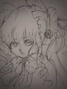 Rating: Safe Score: 0 Tags: 1girl bow bowtie dress drill_hair flower greyscale hair_ornament image long_hair looking_at_viewer monochrome rose shinku simple_background solo traditional_media white_background User: admin