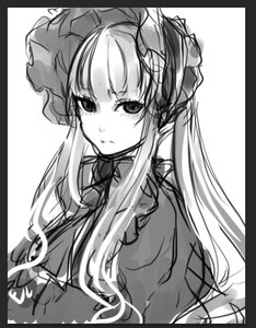 Rating: Safe Score: 0 Tags: 1girl black_border blush bonnet border circle_cut dress greyscale image letterboxed long_hair looking_at_viewer monochrome shinku sketch solo striped upper_body User: admin