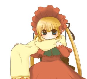 Rating: Safe Score: 0 Tags: 1girl bangs blonde_hair blue_eyes blush bonnet bow dress eyebrows_visible_through_hair frills hat image long_hair long_sleeves looking_at_viewer red_dress scarf shinku simple_background solo striped white_background User: admin