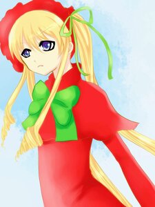 Rating: Safe Score: 0 Tags: 1girl auto_tagged blonde_hair blue_background blue_eyes bow bowtie capelet dress drill_hair green_bow green_neckwear image long_hair long_sleeves looking_at_viewer ribbon shinku solo twintails User: admin