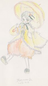 Rating: Safe Score: 0 Tags: 1girl bloomers dress frills full_body green_eyes image kanaria long_sleeves open_mouth parasol short_hair smile solo traditional_media umbrella yellow_dress User: admin